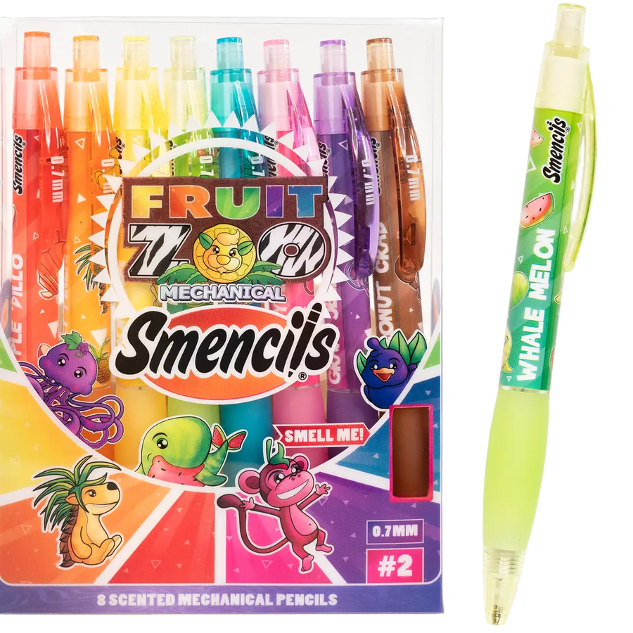 A box of Smencils Fruit Z-Box Mechanical Pencil Smell Me! with eight colorful scented mechanical pencils visible, alongside a single green Whale Melon pencil shown outside the box on a white background.