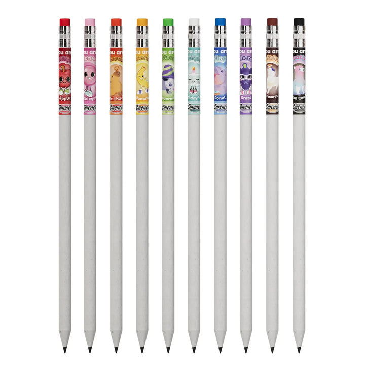 Set of pencils with colorful labels on a white background
