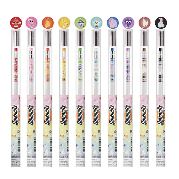 Ten Smencils, pencils arranged in a row on a white background, each with a different colorful cartoon character cap and pastel gradient bodies.