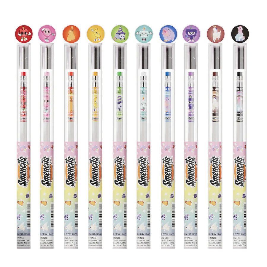 Ten Smencils, pencils arranged in a row on a white background, each with a different colorful cartoon character cap and pastel gradient bodies.