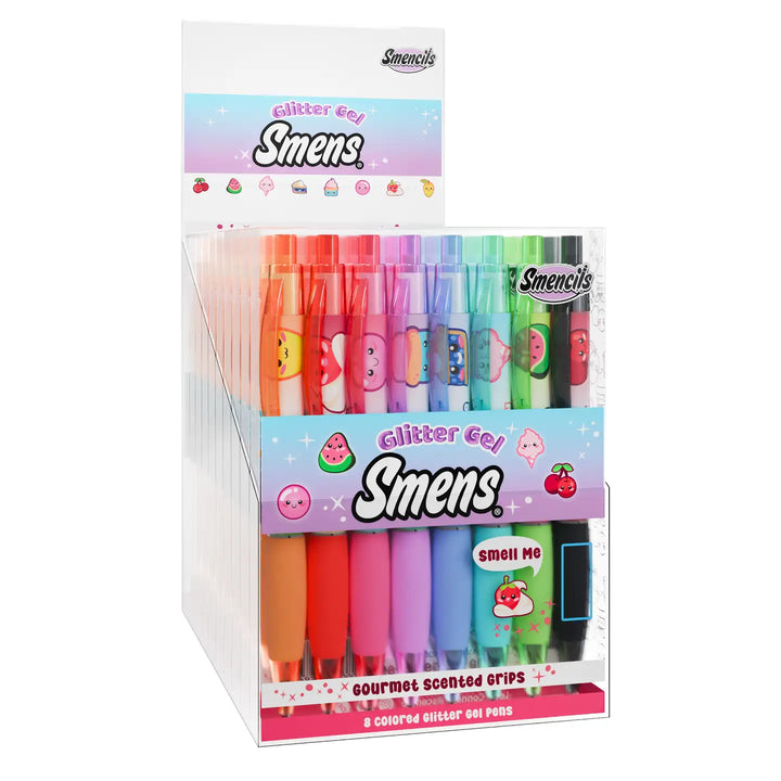 A retail display box of Smencils Glitter Gel Smens gourmet scented grip pens, showing multiple colorful gel pens with cute character designs and scent labels on a white background.