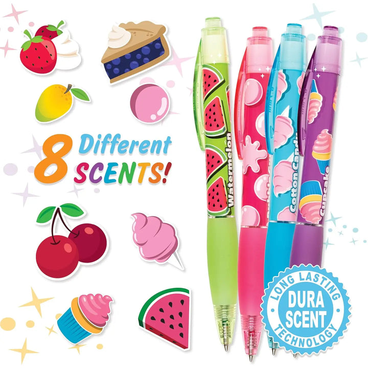Four colorful DuraScents gel pens with watermelon, strawberry, ice cream, and pink swirl patterns, shown next to various fruit and dessert stickers on a white background with '8 Different SCENTS!' text.