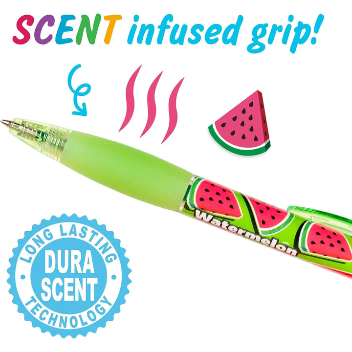 A green retractable pen with a watermelon-patterned grip, shown on a white background with promotional text reading 'SCENT infused grip!' and a blue badge that says 'LONG LASTING DURA SCENT TECHNOLOGY.'.