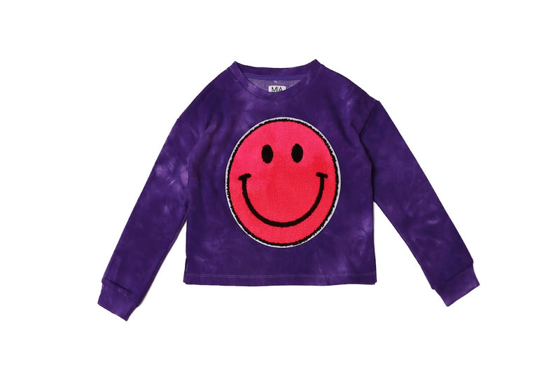 purple sweatshirt base with large hot pink smiley face applique