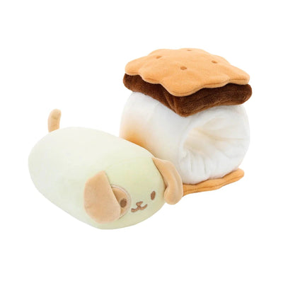 Mini Squishy Plush Puppy wearing a S'mores food for an outfit, This puppy fits inside the s'mores perfectly. This pictures shows them detached. 