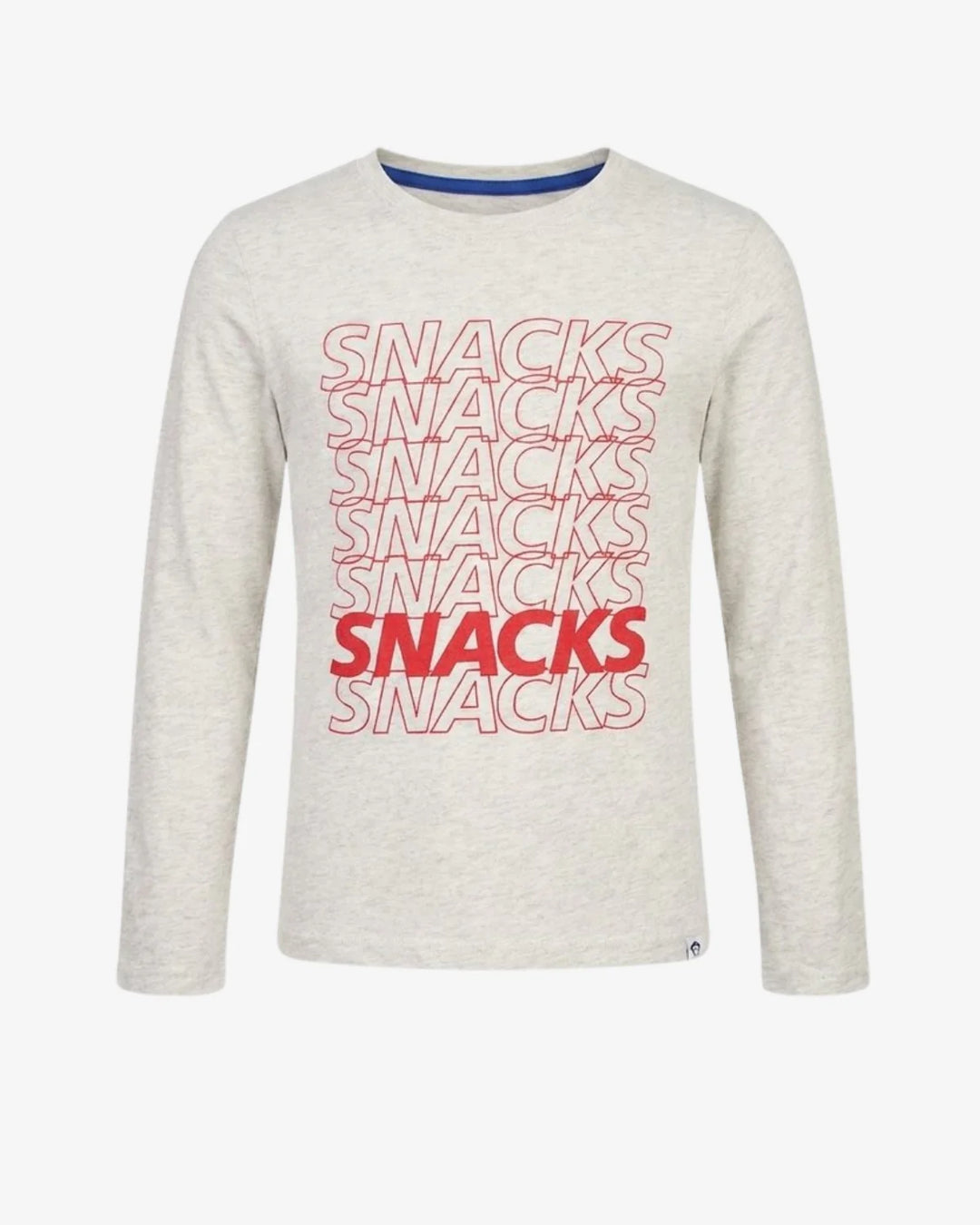long sleeve tee with the word 'snacks' written down the front. 