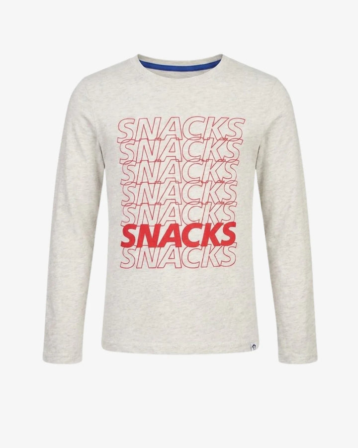 long sleeve tee with the word 'snacks' written down the front. 
