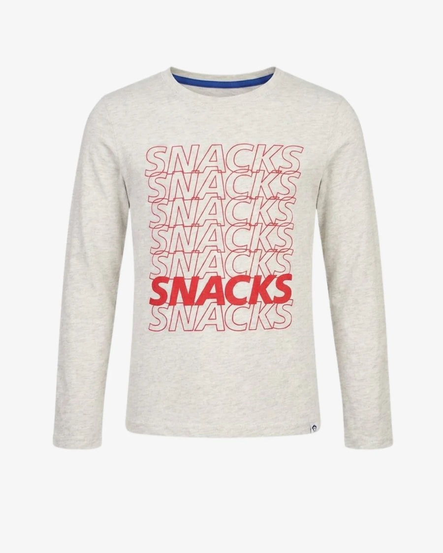 long sleeve tee with the word 'snacks' written down the front. 