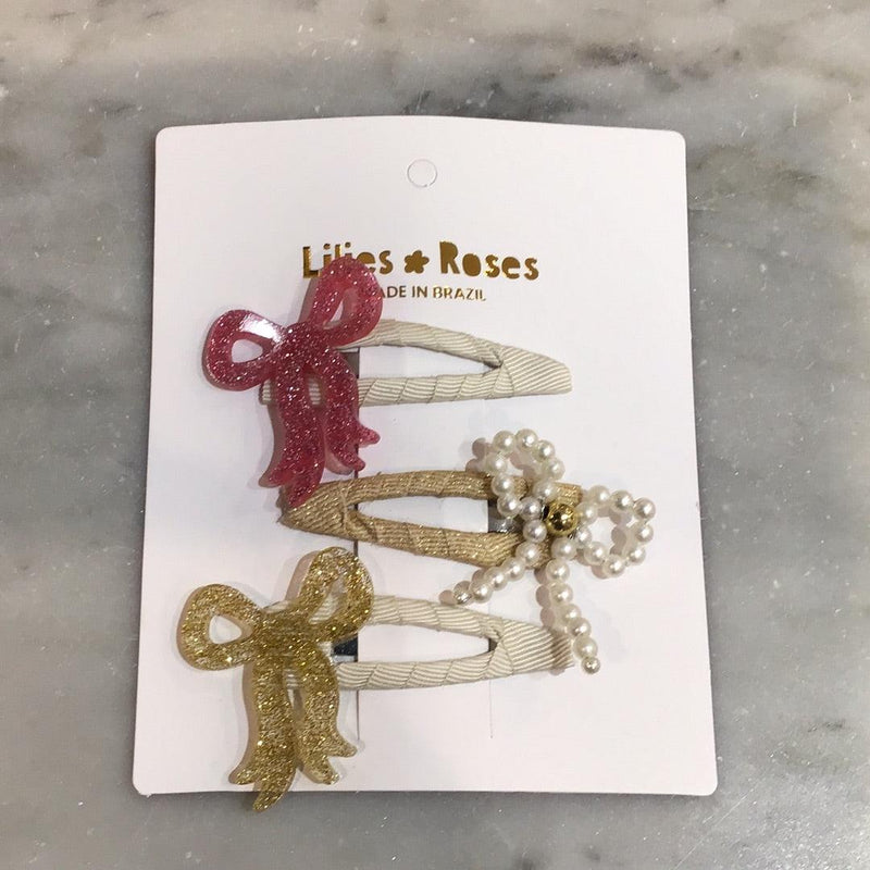 Snap Clip Set | Bows- Pink, Gold and Pearls- Set of 3 | Lilies and Roses NY - The Ridge Kids