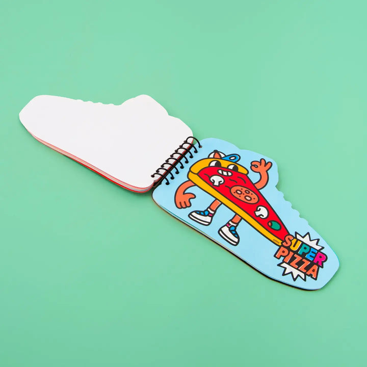 inside pages of the sneaker book, this shows a picture of a slice of pizza