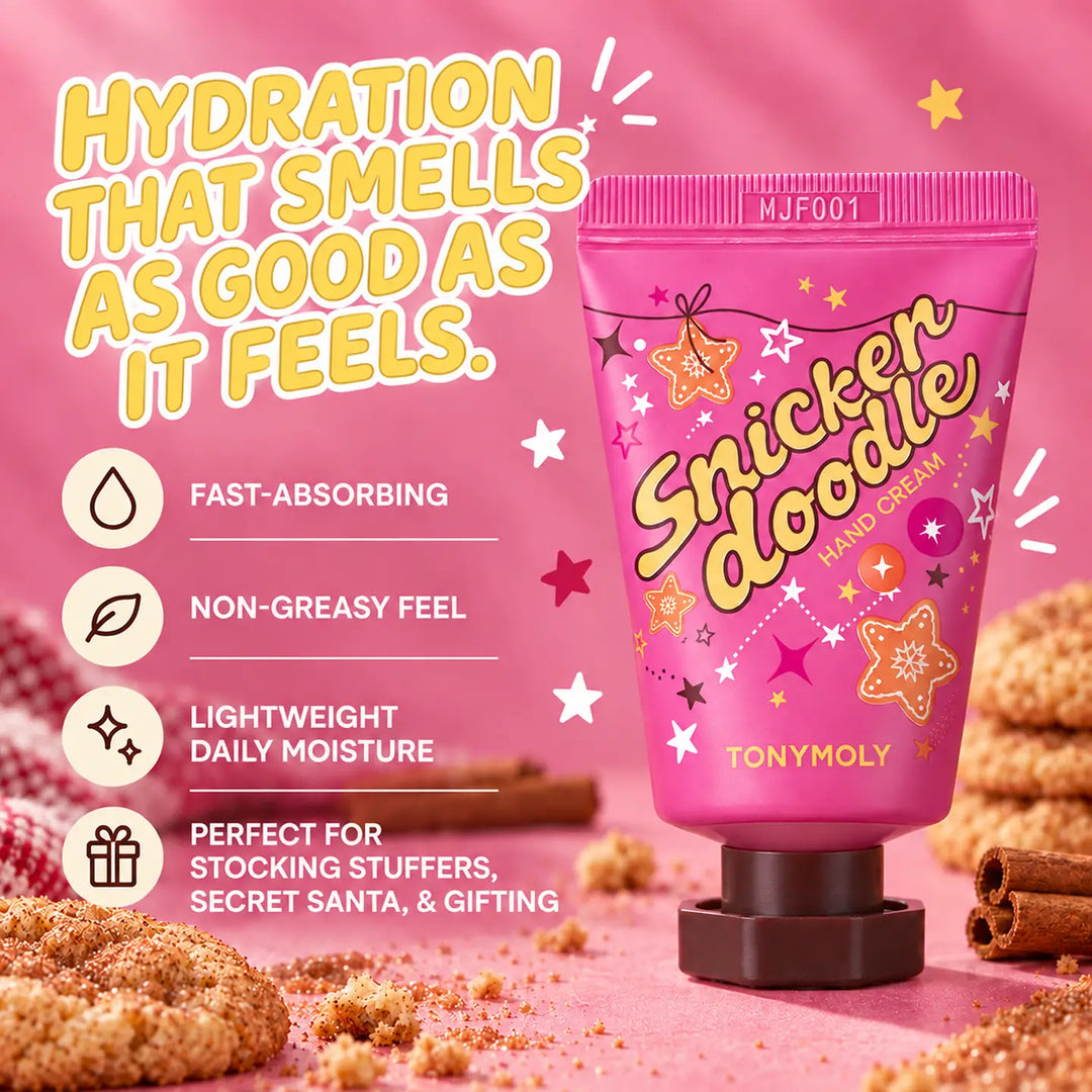 A pink tube of TonyMoly Snickerdoodle Hand Cream stands on a pink surface with cookies and cinnamon sticks around it. Large promotional text on the left reads 'Hydration that smells as good as it feels.
