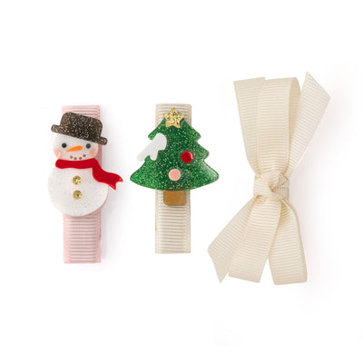 smaller alligator clips that are ribbon covered, one with a snowman, christmas tree and one cream bow. 