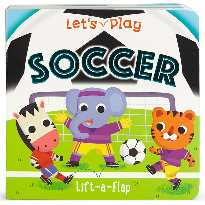Children's book cover titled 'Let's Play Soccer' with cartoon animals playing soccer.