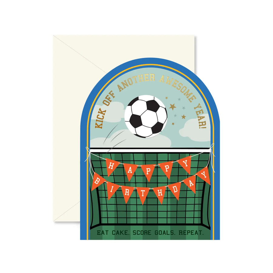 Birthday card with soccer ball and goal design on a white background
