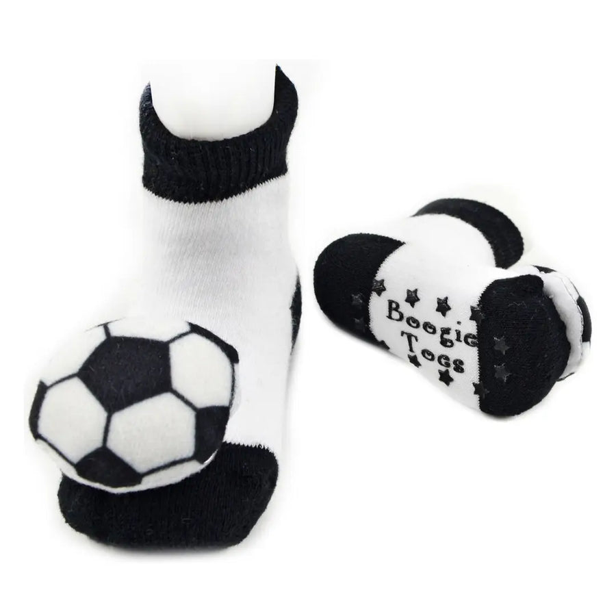 baby socks white base with tiny soccer ball on the toe. 