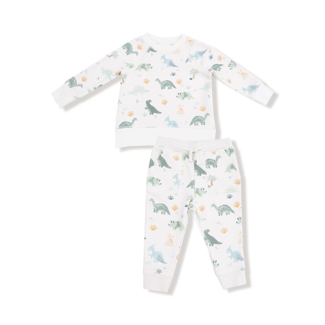 Baby outfit with dinosaur pattern on a white background