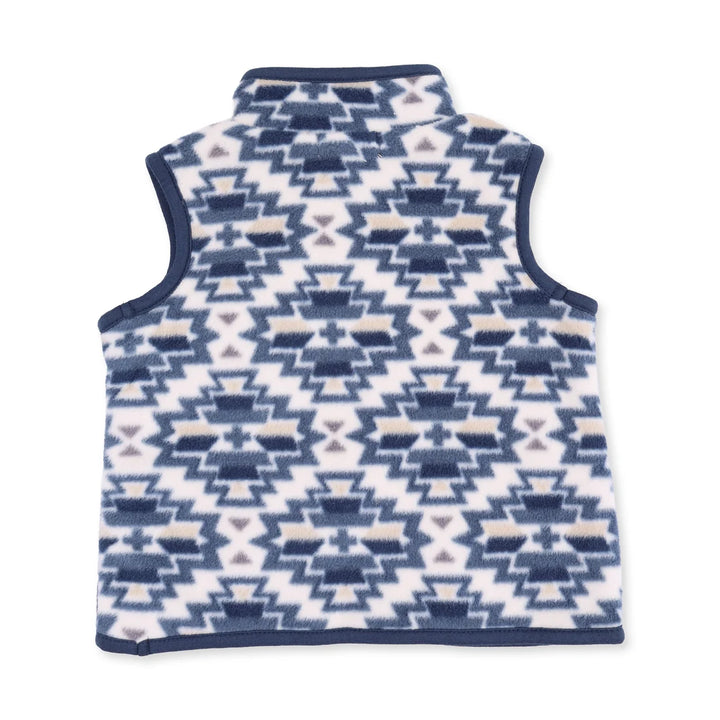 A sleeveless fleece vest with a navy blue and white geometric Southwestern pattern, shown flat against a white background.