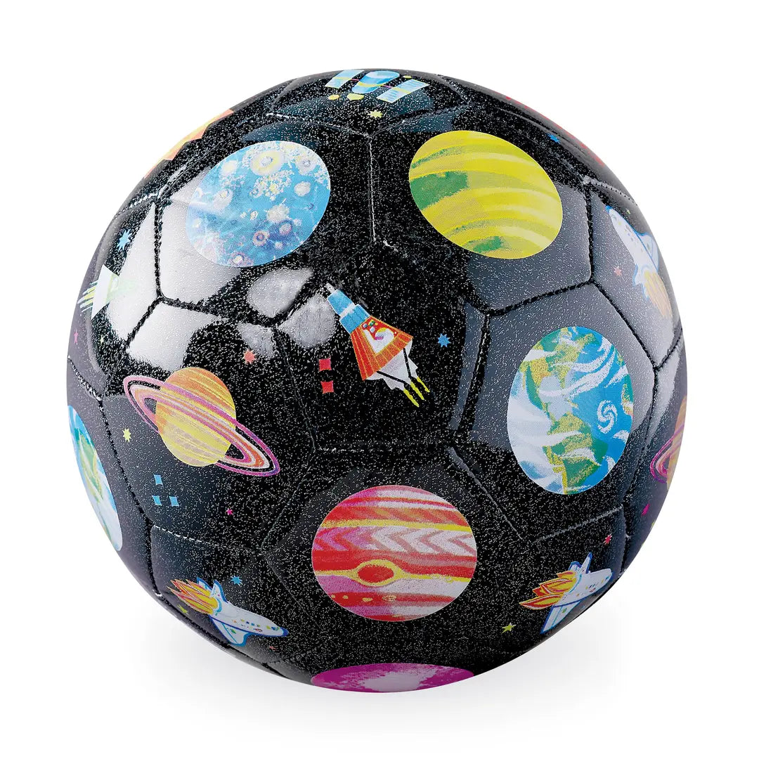 Soccer ball with space-themed design on a white background