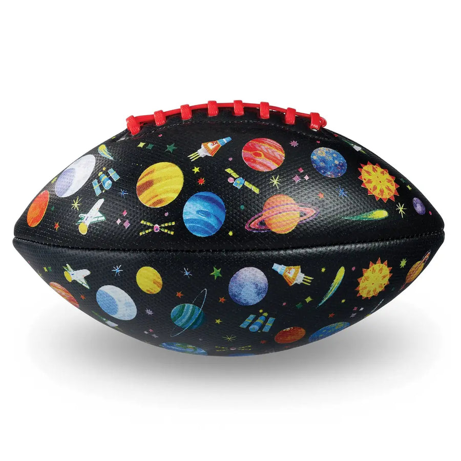 Black football with space-themed design on a white background