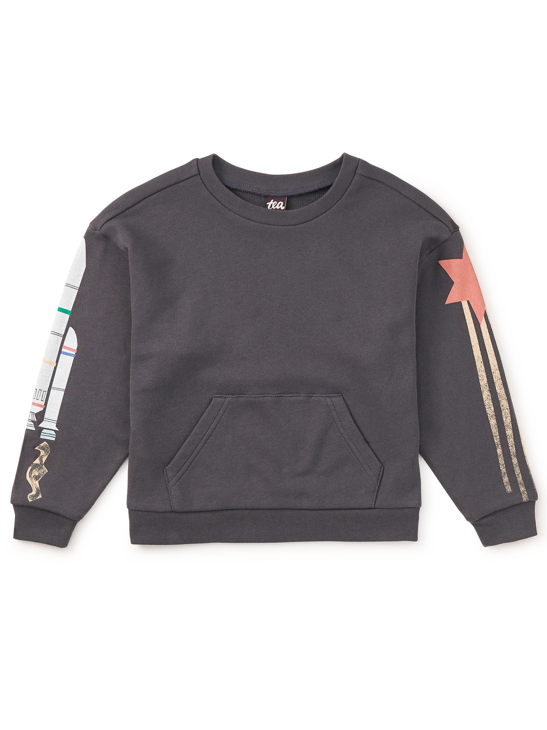 A dark gray crewneck sweatshirt with a kangaroo pocket, featuring a rocket graphic on the right sleeve and a pink star with gold stripes on the left sleeve, laid flat on a white background.