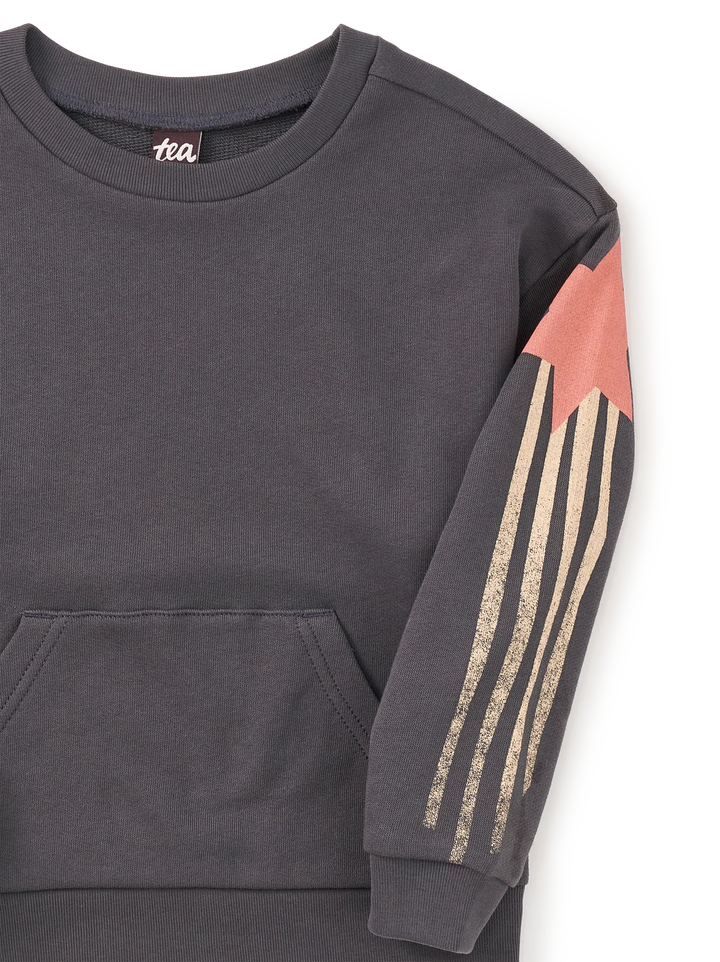 Close-up of a dark charcoal gray sweatshirt with a front kangaroo pocket and a sleeve design featuring a coral pink star and three vertical metallic gold stripes.