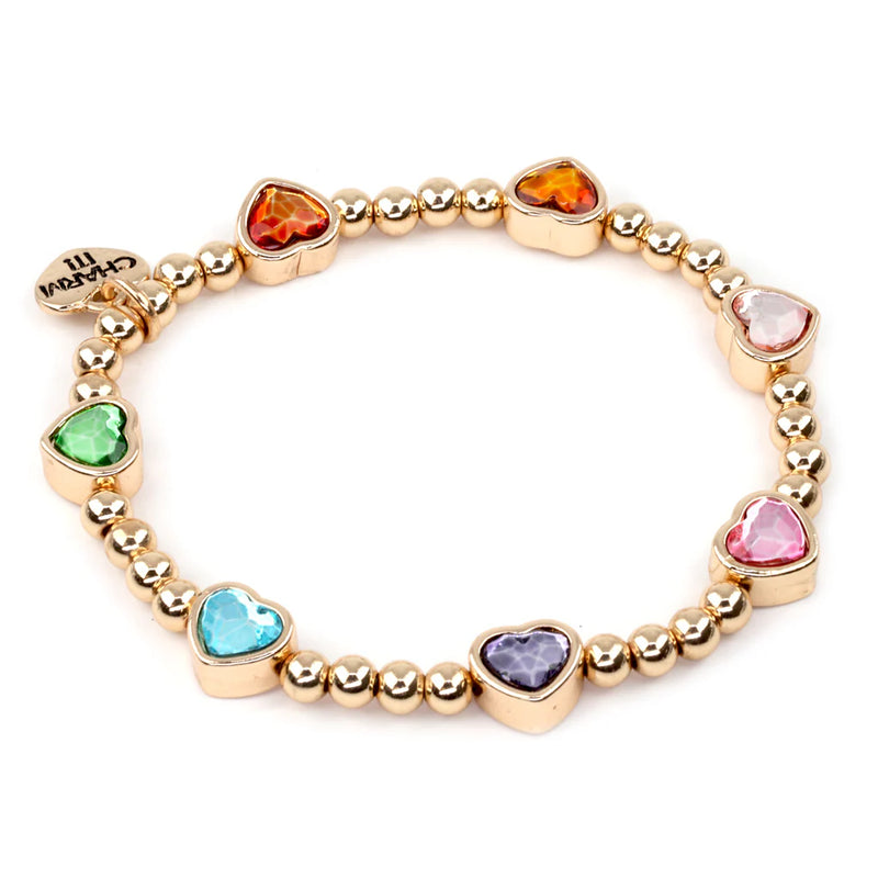 gold stretch bracelet with little gems attached to it. all different colors. 