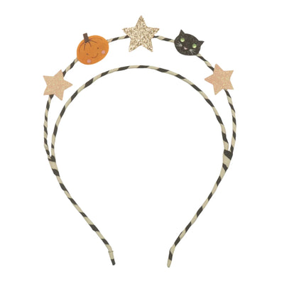 thin double headband with black and white stripe ribbon wrapped around it. stars, pumpkins and cat adorn the top. 