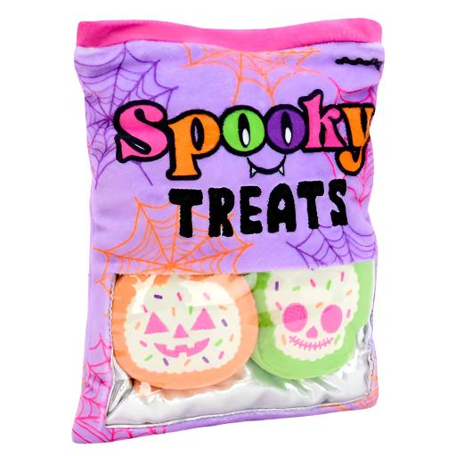 plush toy halloween treats: one pumpkin cookie, one skeleton cookie and one ghost cookie 