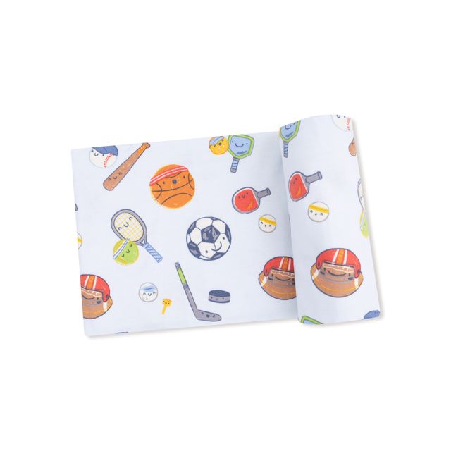 Swaddle with sports-themed pattern on a white background