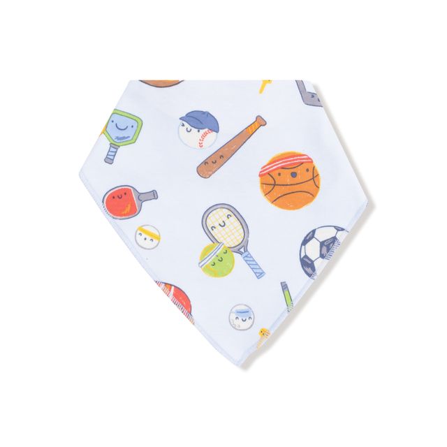 Baby bib with sports-themed design on a white background