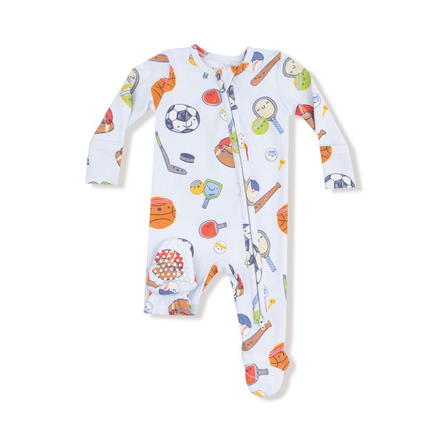 Baby onesie with sports-themed print on a white background