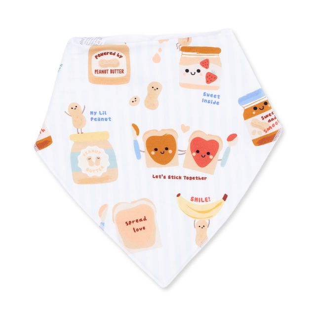 baby bandana bib with white base, peanut butter and jelly with happy faces on it, sandwiches and jars. 