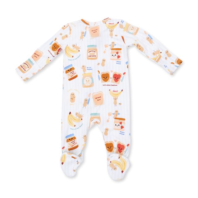 back of the baby footie with the peanut butter and jelly print with smiley face on it