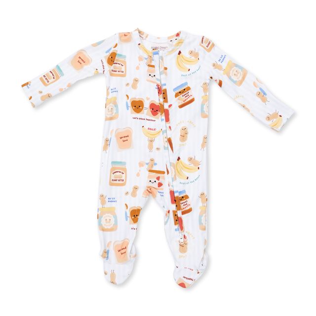 baby footie with a peanut butter and jelly print on it, white base with the peanut butter and jelly wearing smiley faces. 