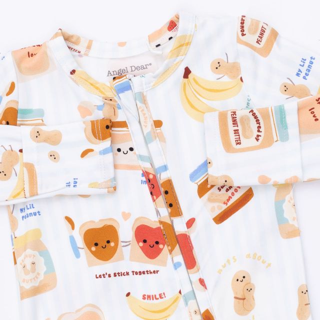 baby footie with a peanut butter and jelly print on it, the food wearing happy faces. 