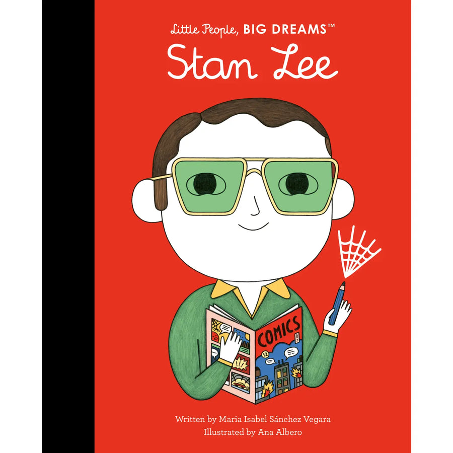 Book cover of 'Stan Lee' from 'Little People, BIG DREAMS' series with a red background and illustration of a person holding a comic book.