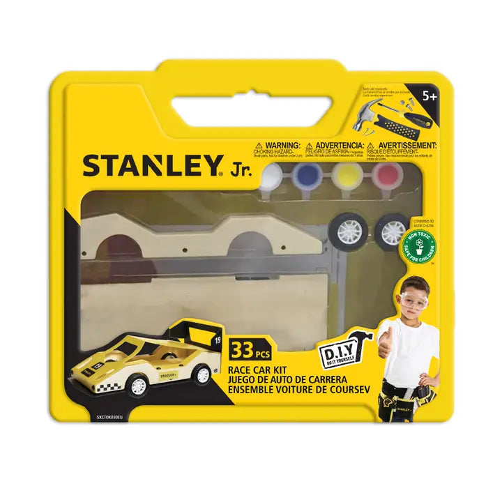 arts and craft kit, stanley jr race car kit. wooden car with case, both wooden. comes with wheels and paint. 