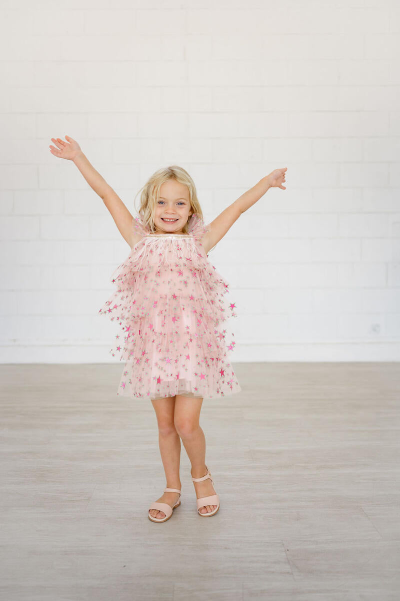 Girls Dress | Fur Layered Dress - Pink Star | Petite Hailey
