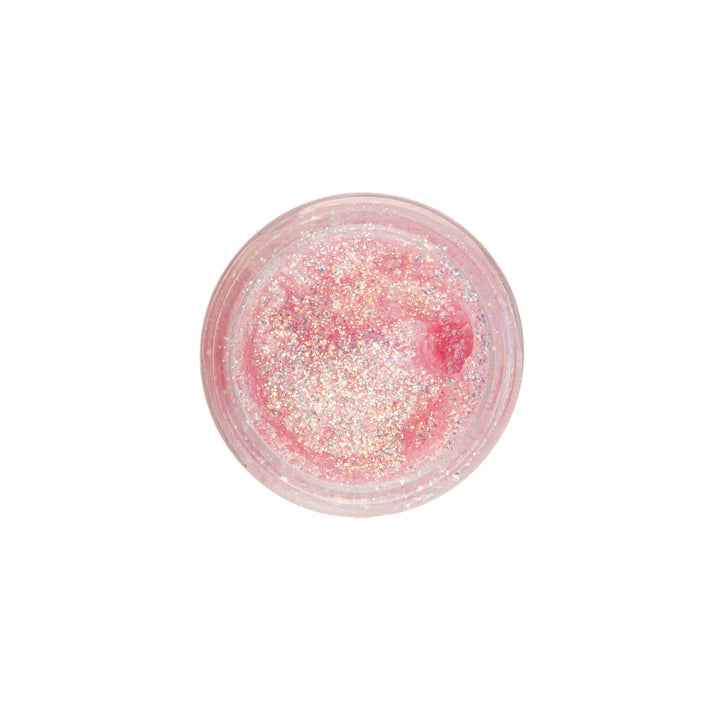 Pink glitter in a small round container on a white background