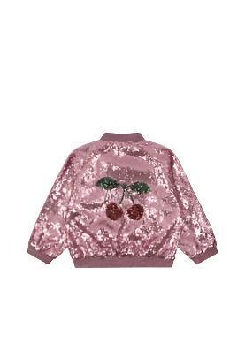 girls pink sequin jacket with large cherries on the back. The cherries are red. this is a back view of the jacket. 