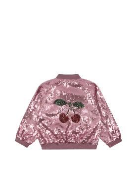 girls pink sequin jacket with large cherries on the back. The cherries are red. this is a back view of the jacket. 