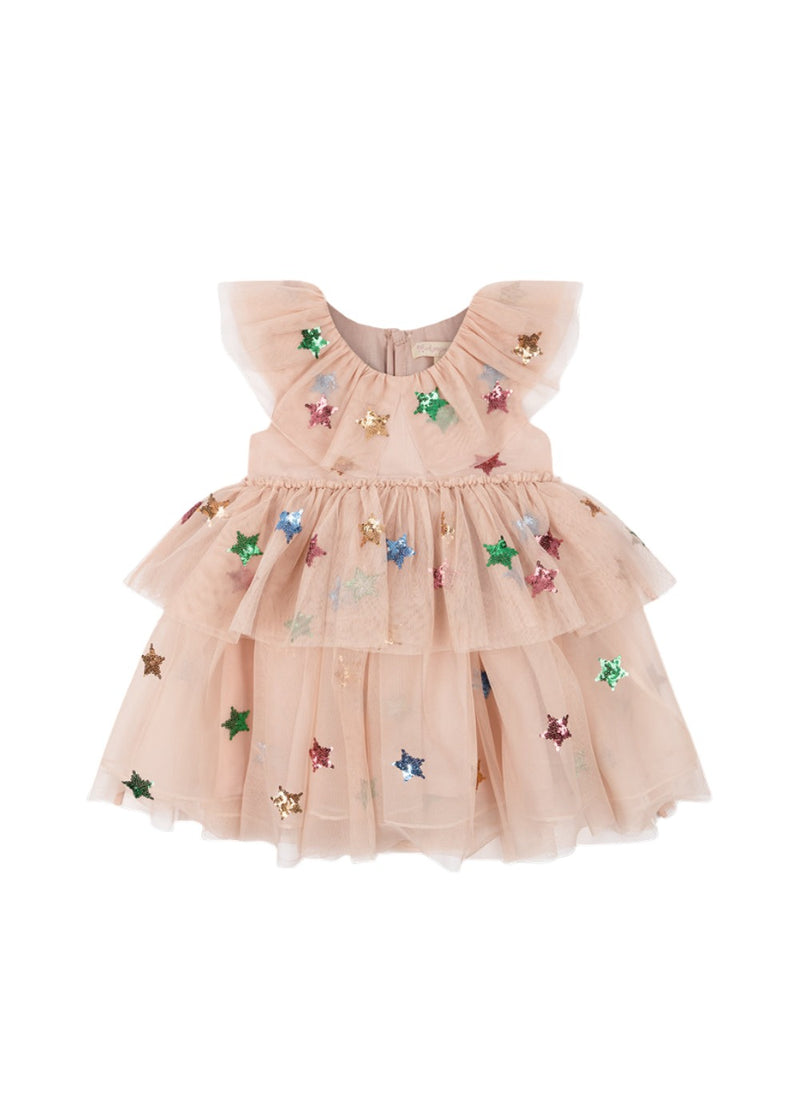 tiered beige tulle as the base of this dress, v neck neckline with sequin appliques all over the dress. sequin appliques in green, pink, gold and blue