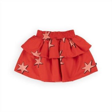 red layered skirt with light pink stars all over. elastic waist skirt. 
