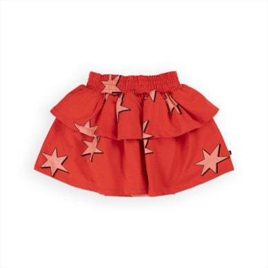 red layered skirt with light pink stars all over. elastic waist skirt. 