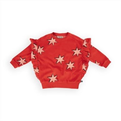 red velvet sweatshirt with ruffles on the shoulder. light pink stars all over. 