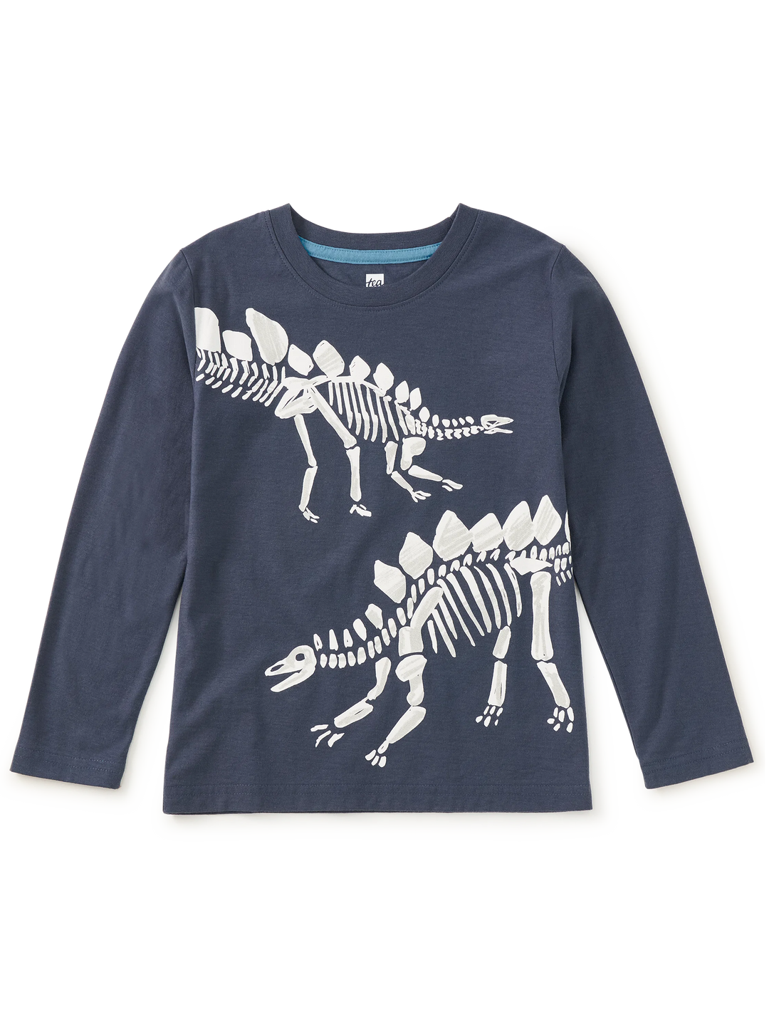A navy blue long-sleeve crewneck shirt for kids, featuring a white skeleton print of two dinosaurs on the front, displayed flat against a white background.
