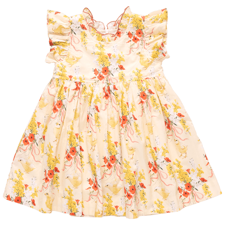 sleeveless girls dress with chicks, yellow flowers and orange flowers. ruffles at the sleeve and neckline. 