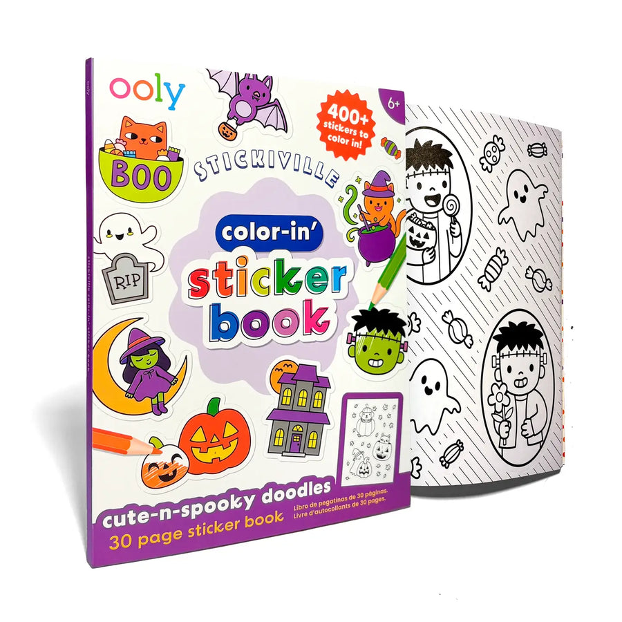 Oooly Cute-n-Spooky Doodles Color-In Sticker Book, featuring a purple and white cover with Halloween illustrations, shown next to an open page with black-and-white line art and coloring areas.