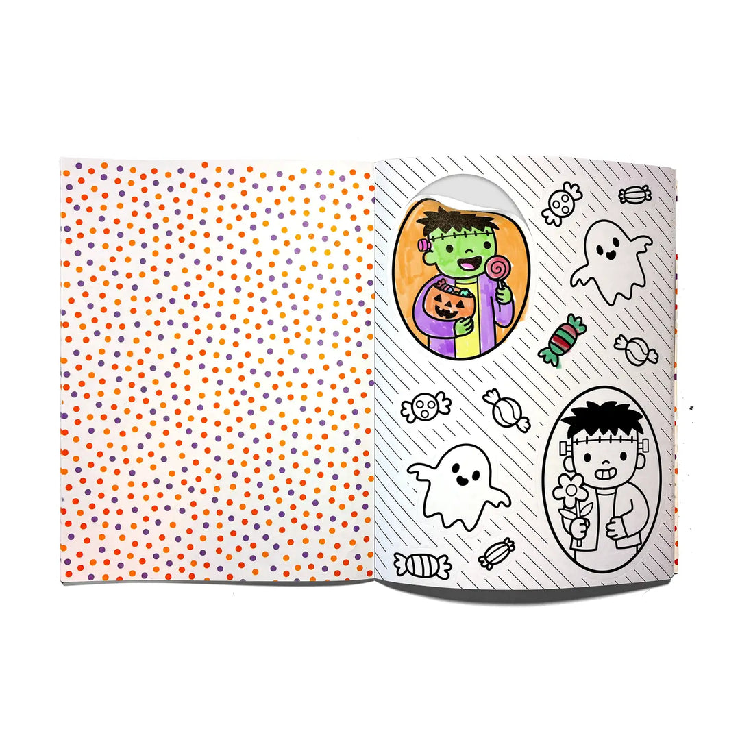 A children's coloring book or activity booklet shown open on a white background. The left page has orange, purple, and blue polka dots on a white background.