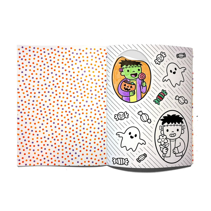 A children's coloring book or activity booklet shown open on a white background. The left page has orange, purple, and blue polka dots on a white background.